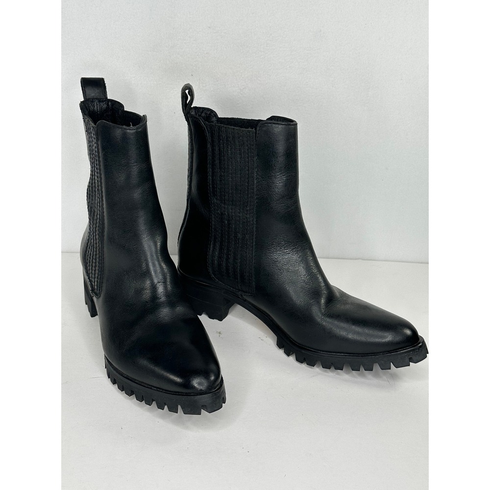 Y2K Black Leather Chelsea Boots Vibram Lug Sole Ankle Booties Pointed Toe 7